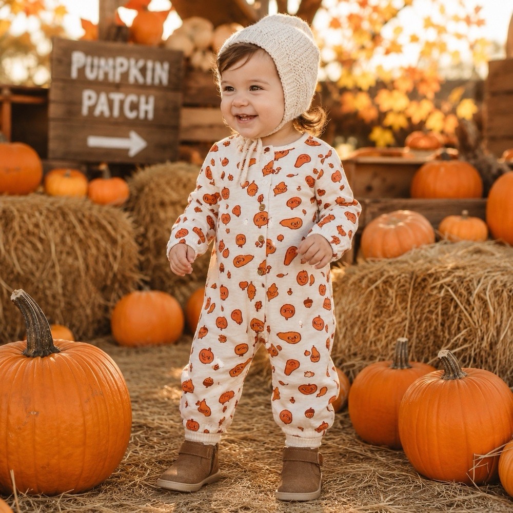 Halloween Baby One Piece Romper 18M Ivory Fall Autumn Pumpkin Muslin Long Sleeve